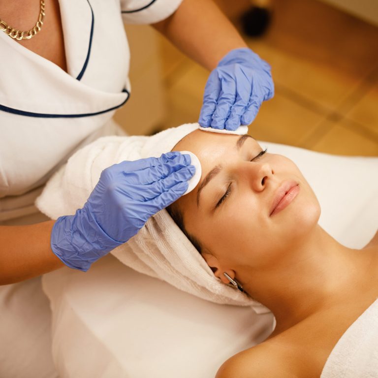 High angle view of beautiful woman having beauty treatment at the spa.